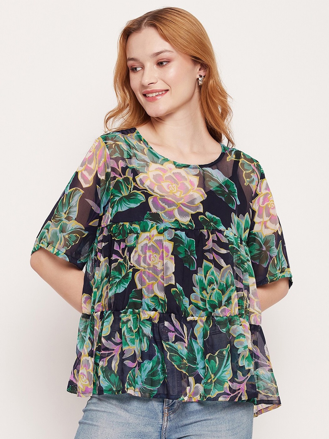 

Fashfun Floral Printed Semi Sheer Empire Top, Green