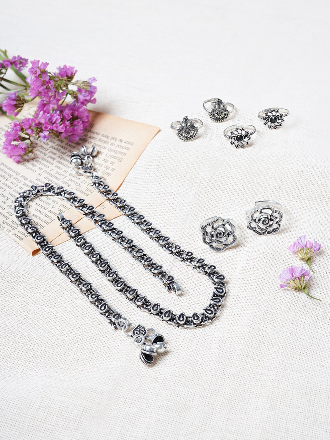 

TEEJH Set Of 3 Silver-Plated Anklet With Toe Ring