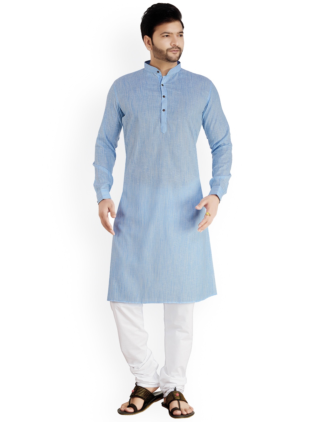 

ARRUGA Straight Band Collar Kurta with Pyjamas, Blue