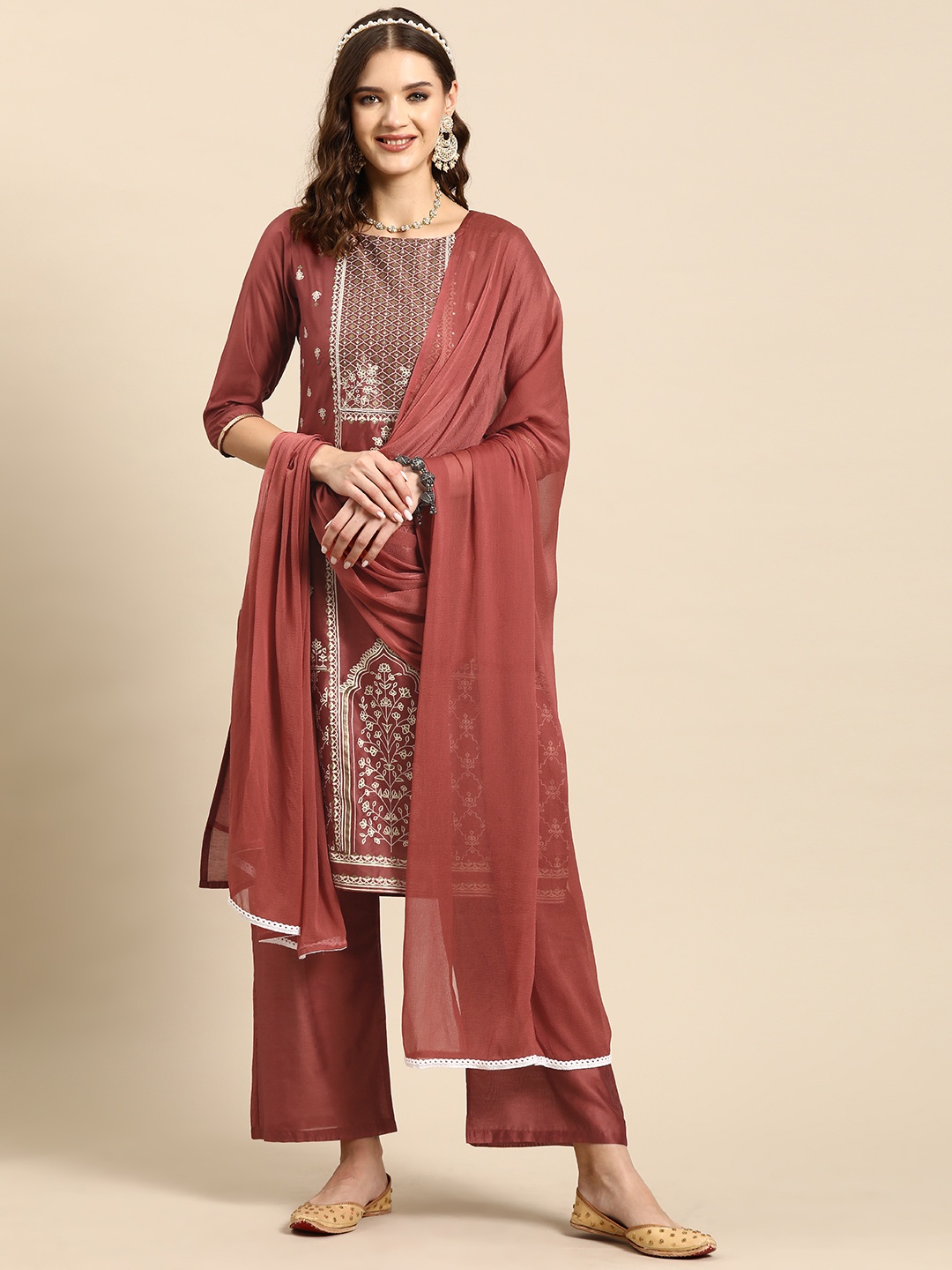 

Sangria Ethnic Motifs Printed Sequinned Chanderi Cotton Kurta with Palazzos & Dupatta, Rust