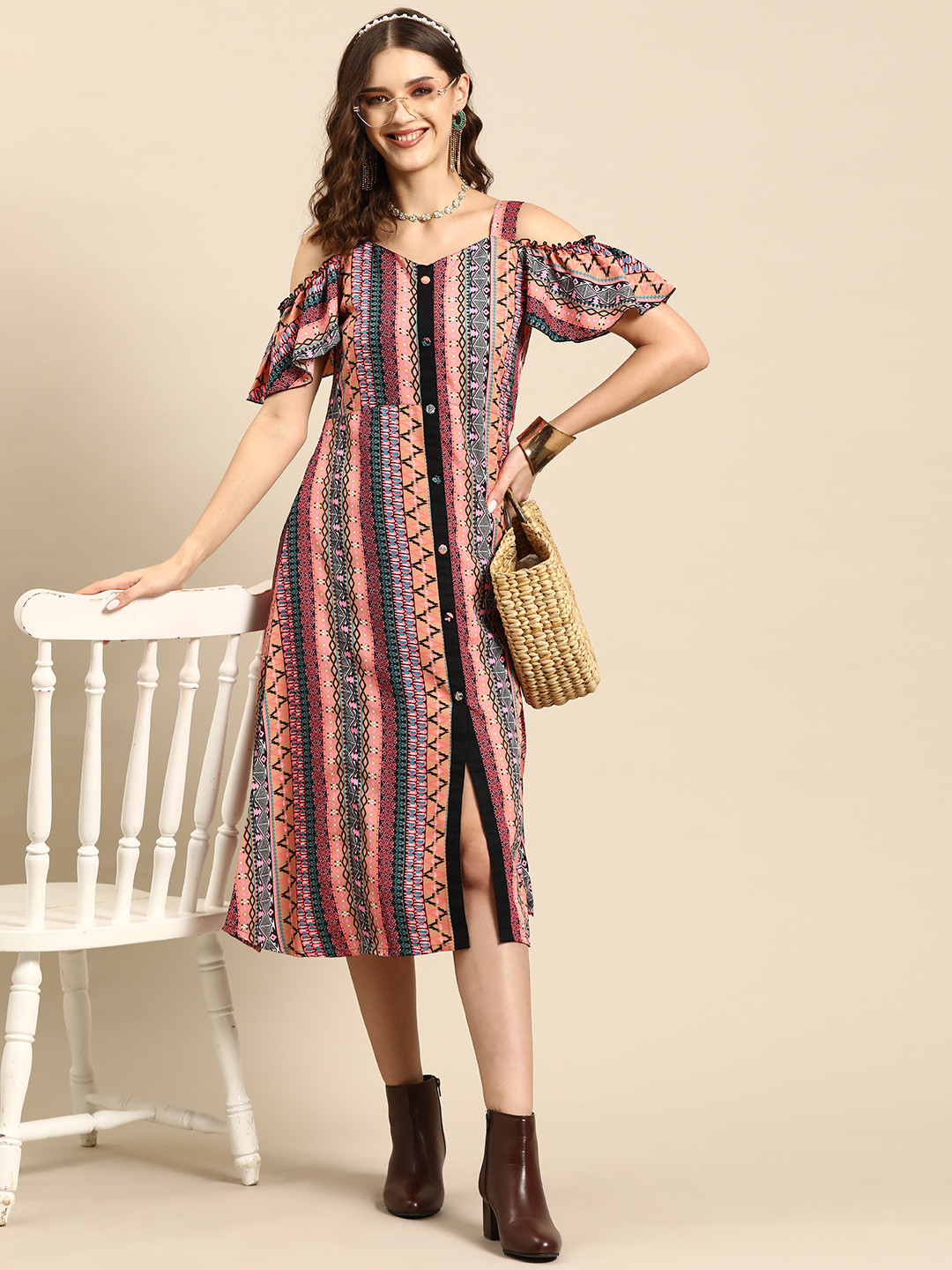 

Sangria Bohemian Print Sweetheart Neck Cold-Shoulder A-Line Dress, Pink