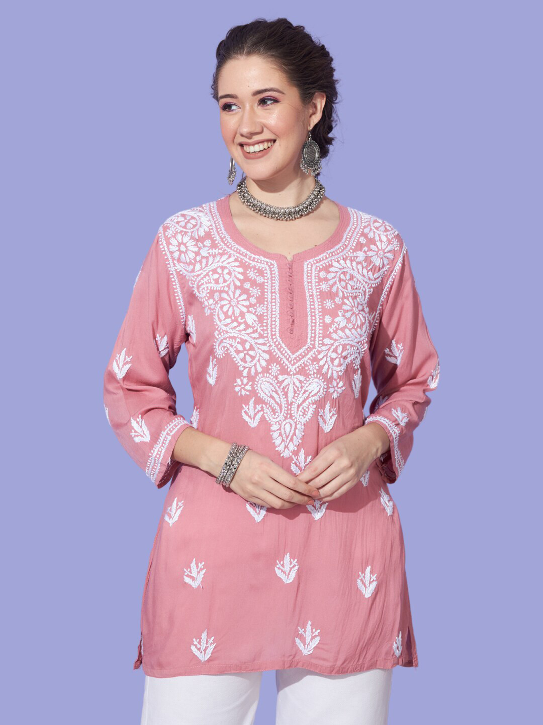 

Ethnava Ethnic Motifs Embroidered Thread Work Kurti, Peach