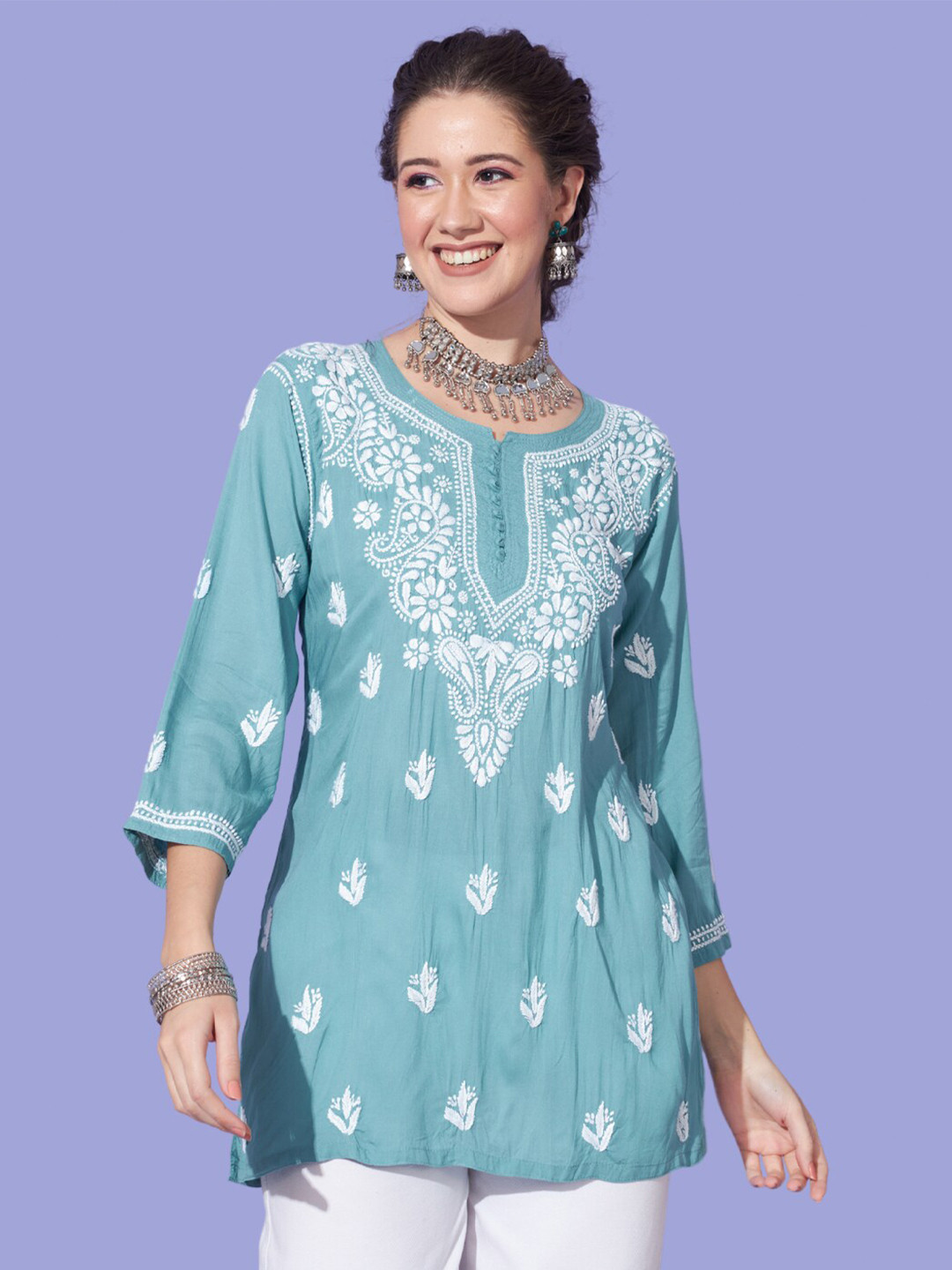 

Ethnava Floral Embroidered Thread Work Kurti, Fluorescent green