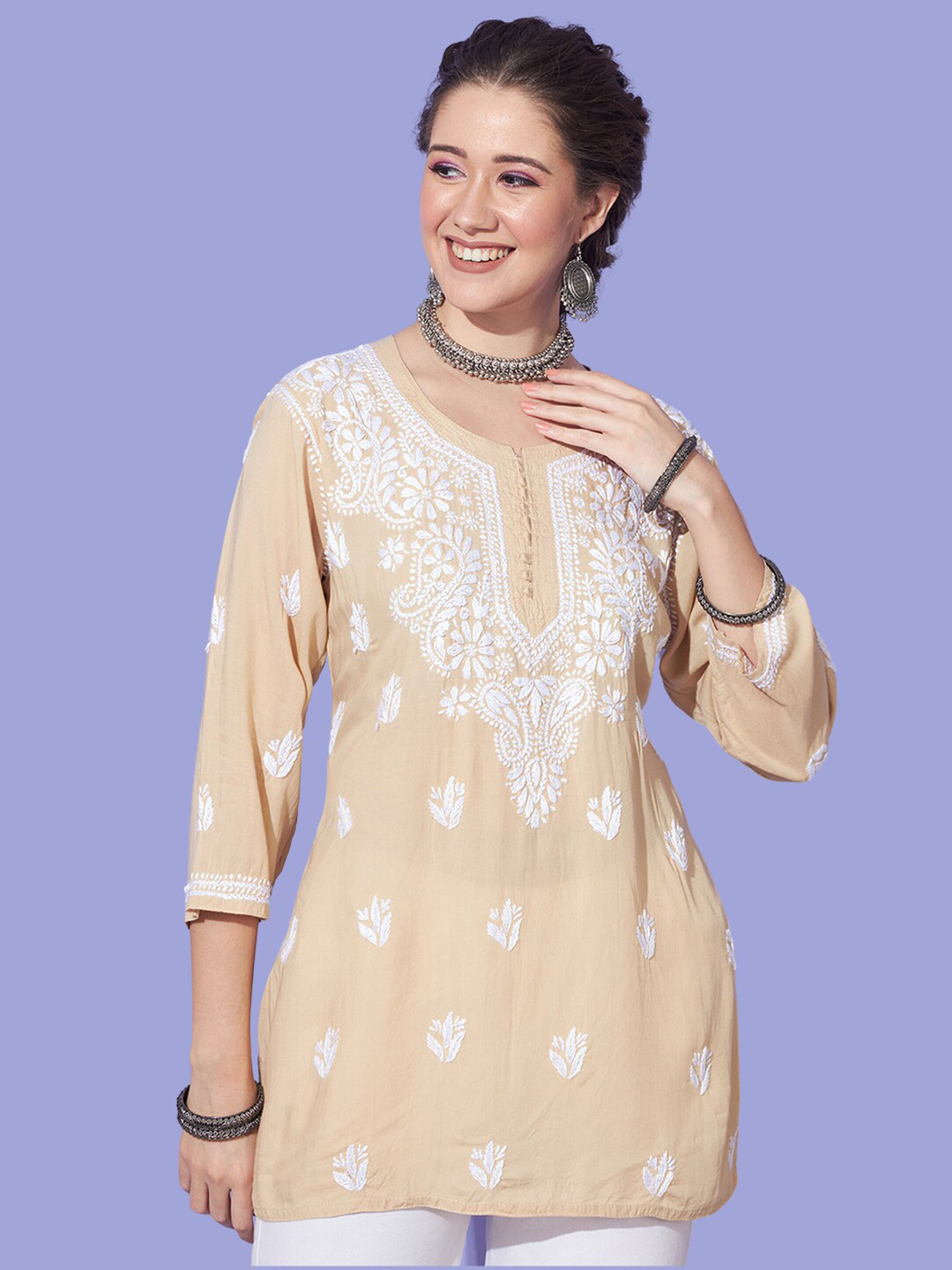 

Ethnava Floral Embroidered Modal Chikankari Straight Kurti, Beige