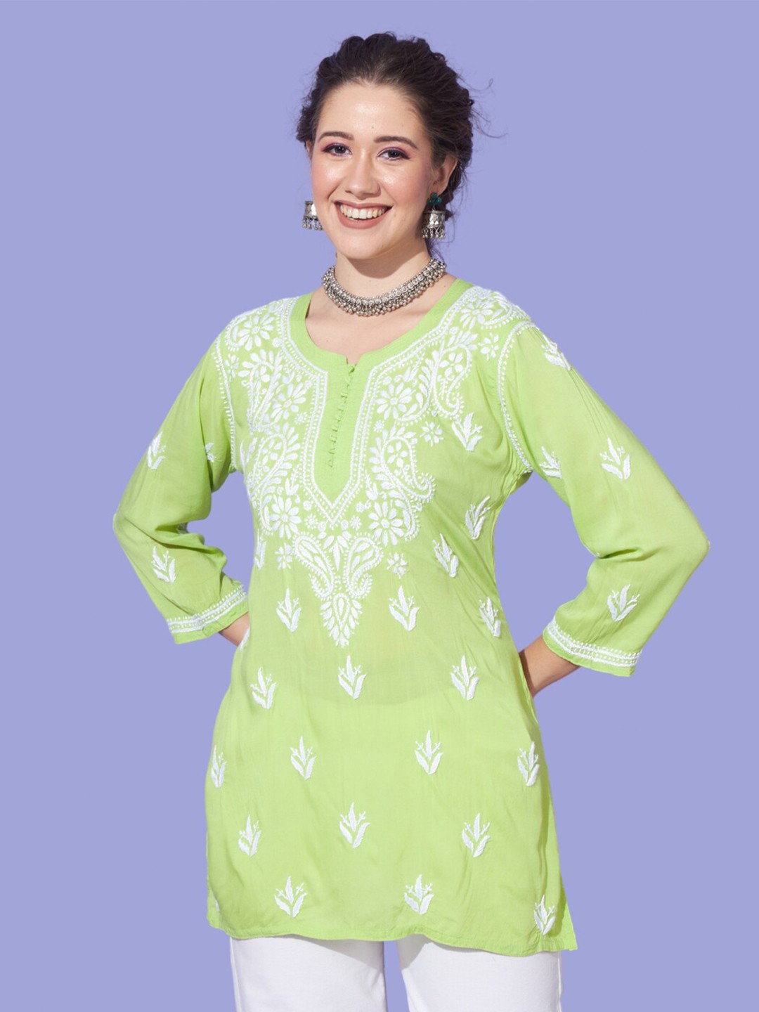 

Ethnava Floral Embroidered Round Neck Thread Work Modal Kurti, Green