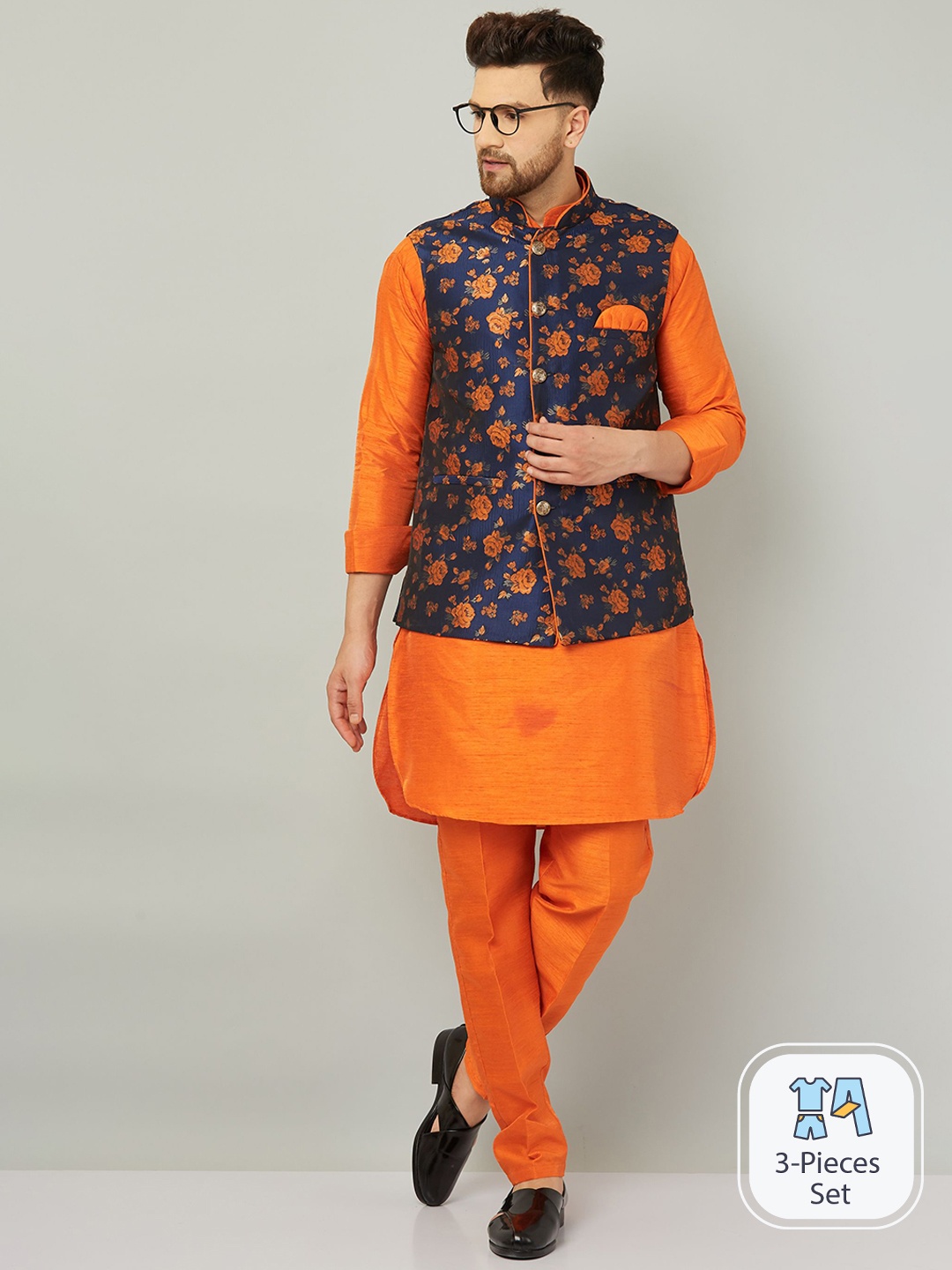 

Armaan Ethnic Mandarin Collar Kurta With Trousers & Nehru Jacket, Orange