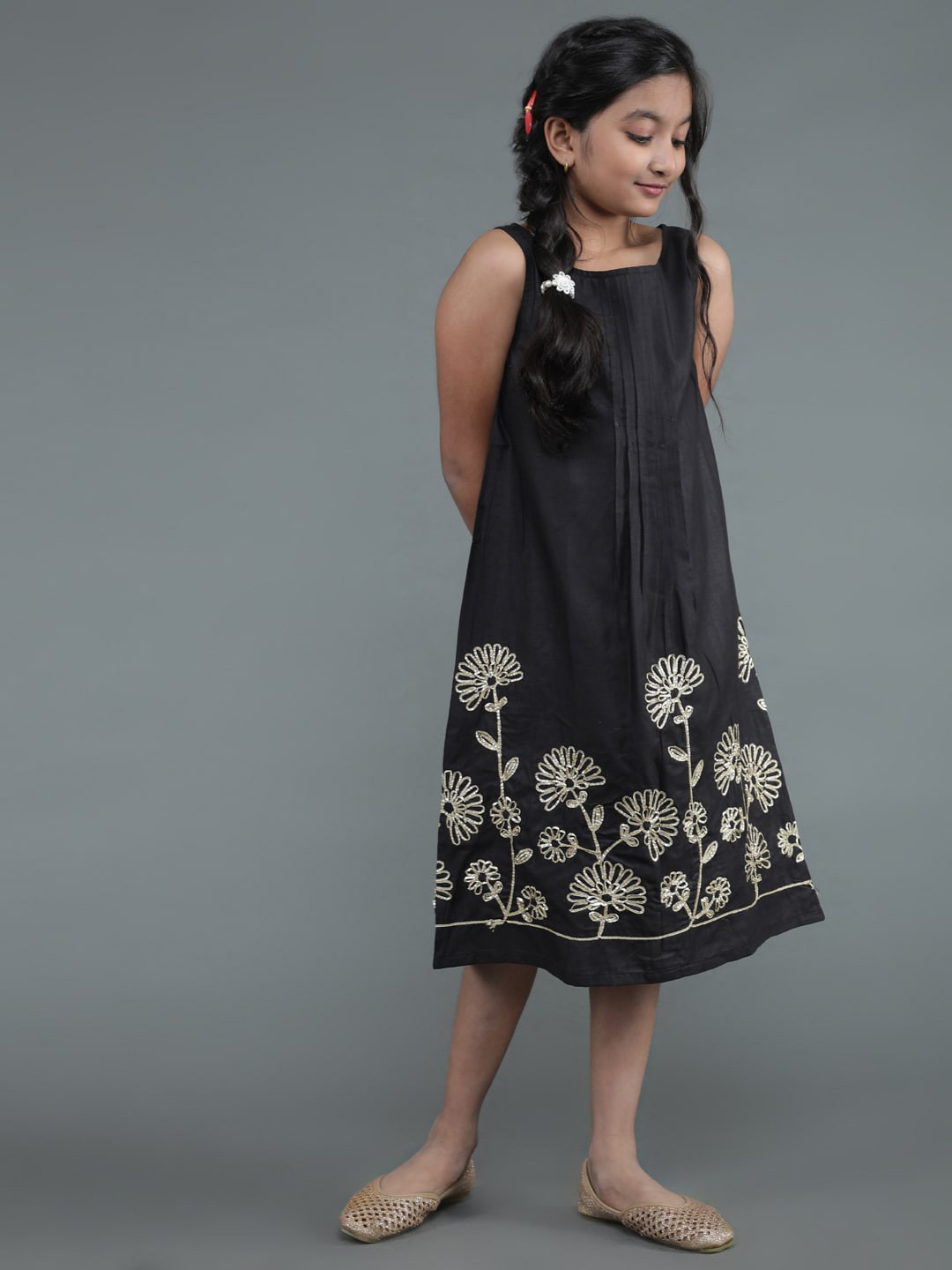 

Aks Kids Girls Floral Printed A-Line Cotton Midi Dress, Black