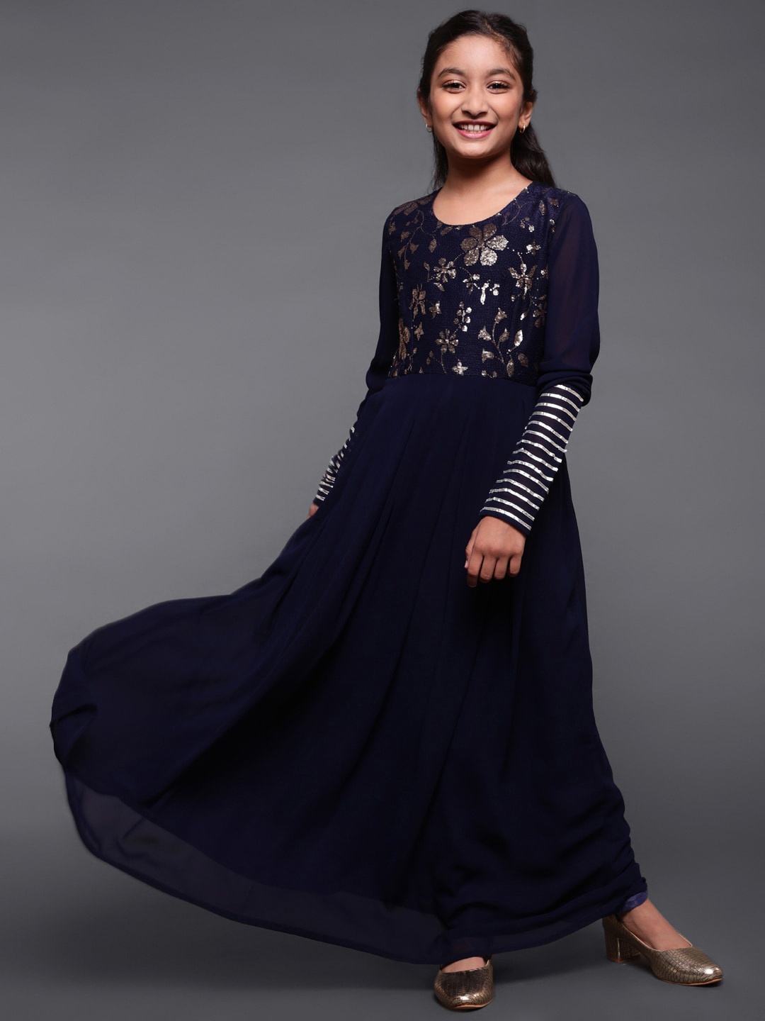 

Aks Kids Girls Georgette Embroidered Sequined Maxi Dress, Navy blue