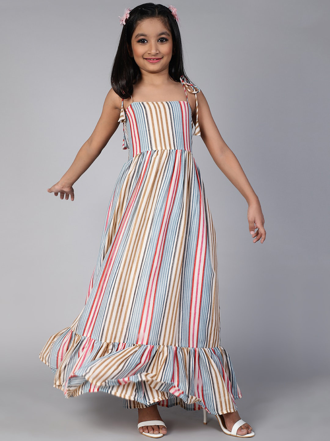 

Aks Kids Girls Striped Shoulder Straps Maxi Dress, White