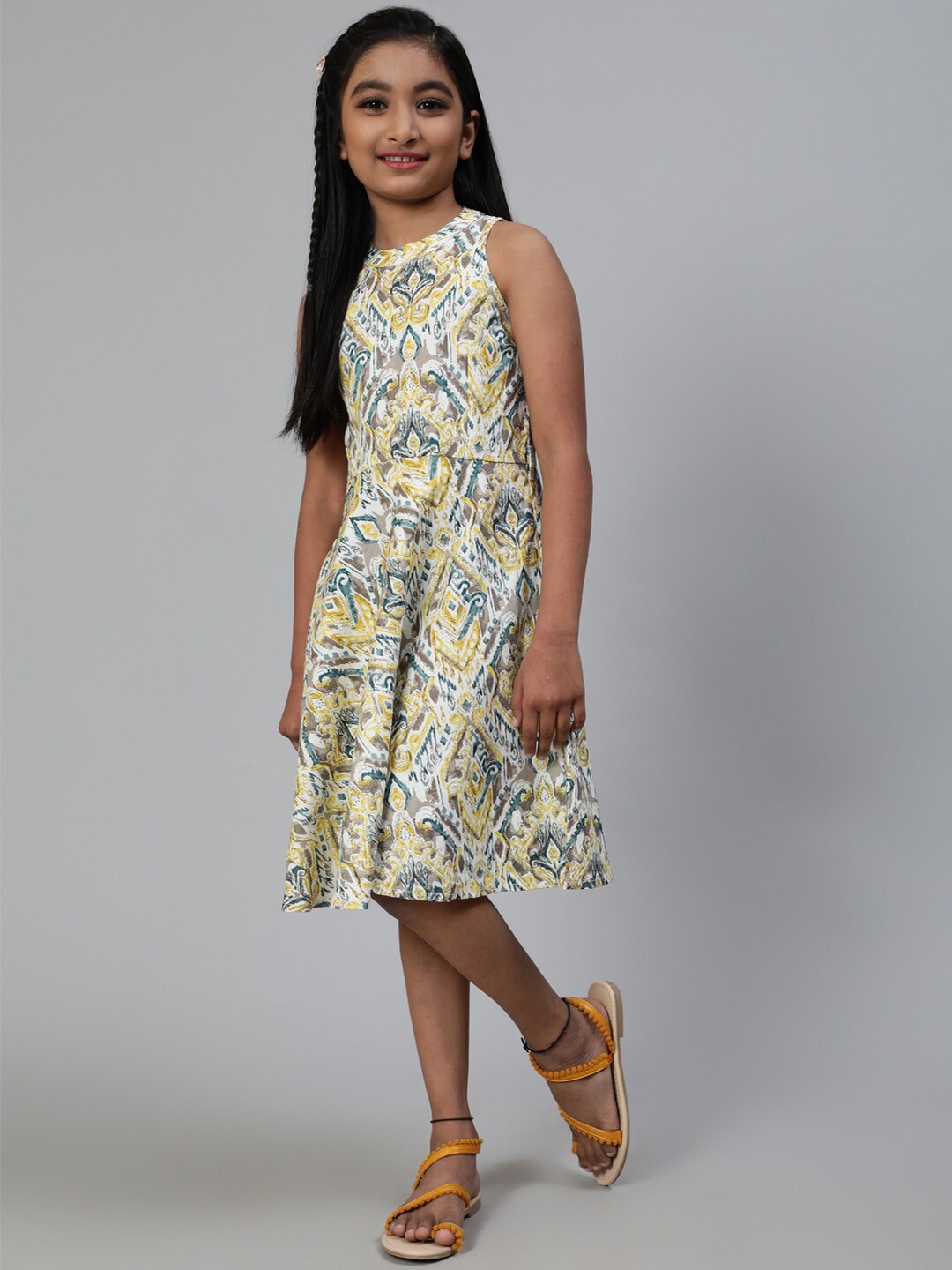 

Aks Kids Girls Ethnic Motifs Printed High Neck Cotton A-Line Dress, Off white