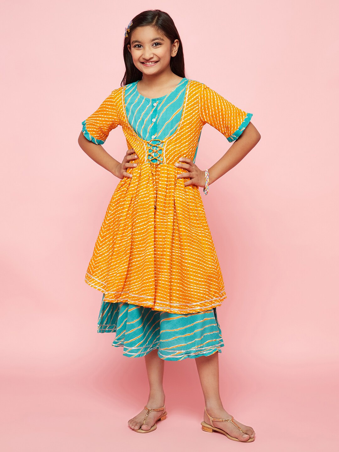 

Aks Kids Girls Striped Tie-Ups Fit & Flare Midi Dress, Mustard