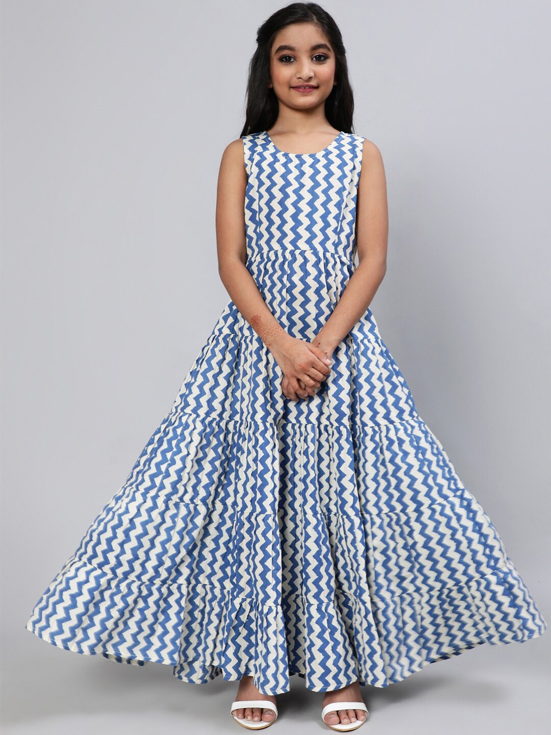 

Aks Kids Girls Geometric Printed Tiered Cotton Fit & Flare Dress, Blue