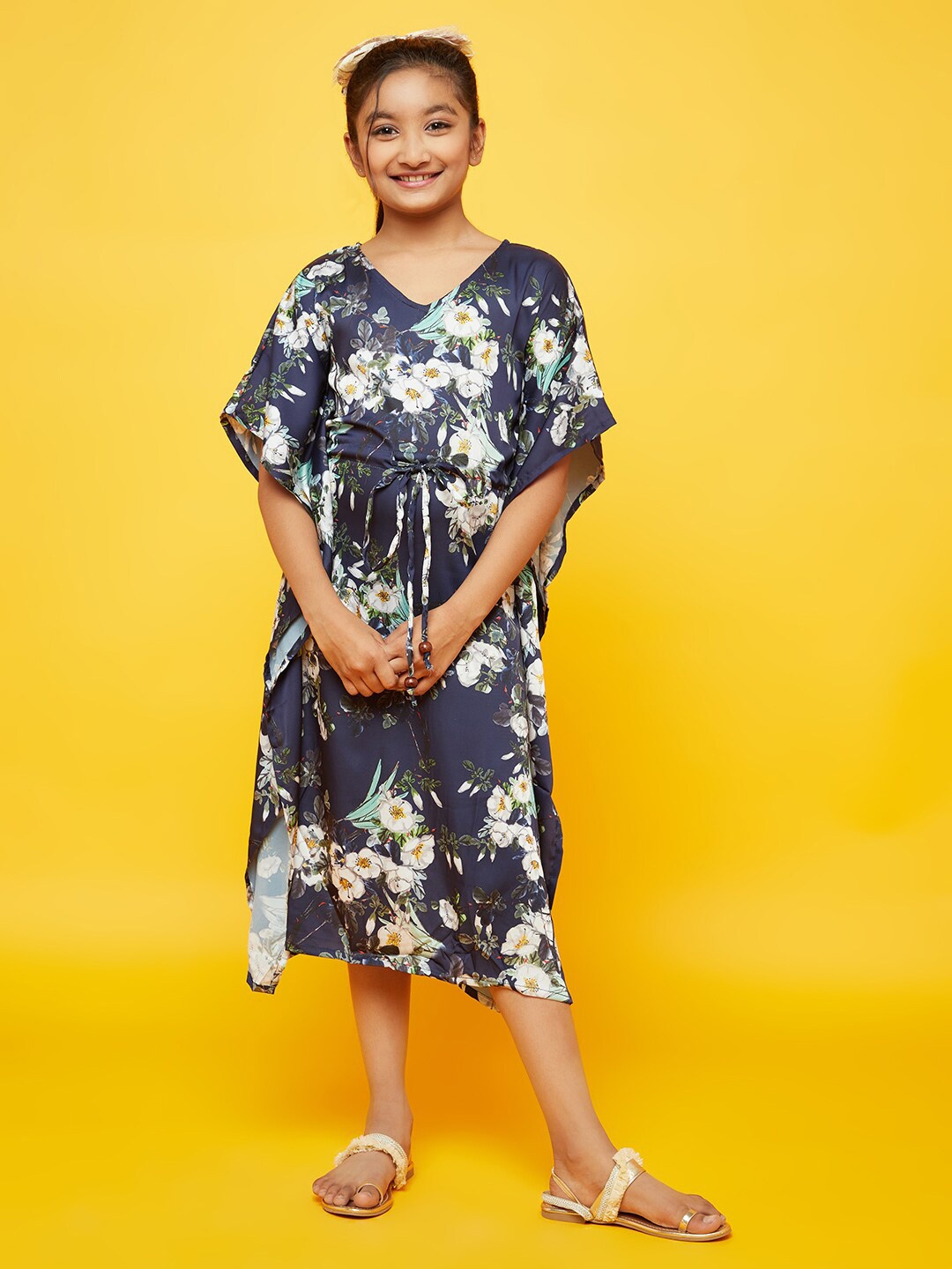 

Aks Kids Girls Floral Printed Tie-Ups Asymmetric Hem Kaftan Midi Dress, Navy blue