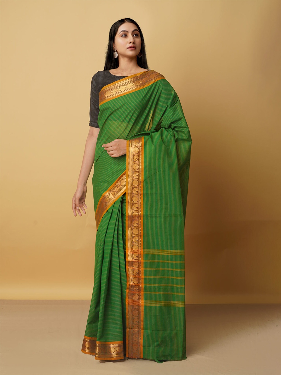 

Unnati Silks Striped Zari Pure Cotton Kanjeevaram Saree, Green