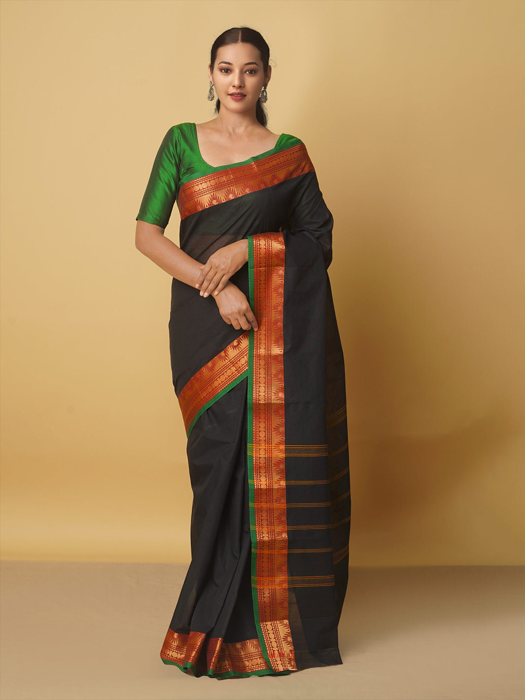 

Unnati Silks Black & Red Zari Pure Cotton Kanjeevaram Saree