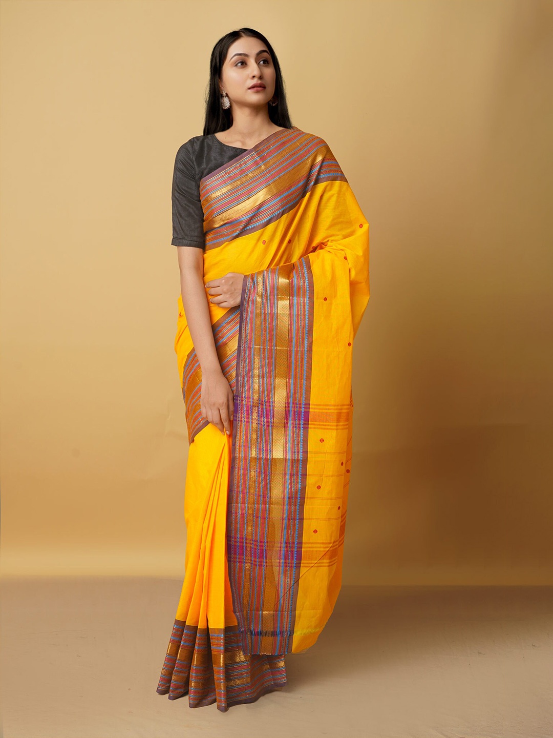 

Unnati Silks Ethnic Motifs Woven Design Zari Pure Cotton Handloom Kanjeevaram Saree, Yellow