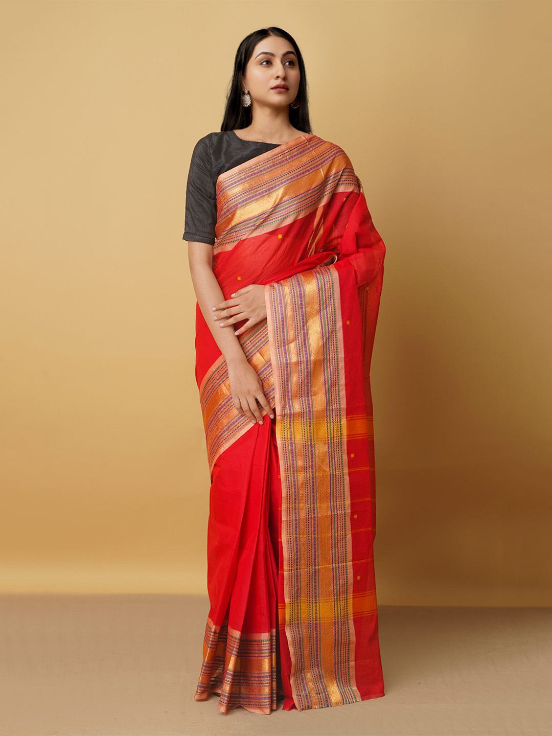 

Unnati Silks Woven Design Zari Pure Cotton Kanjeevaram Saree, Red