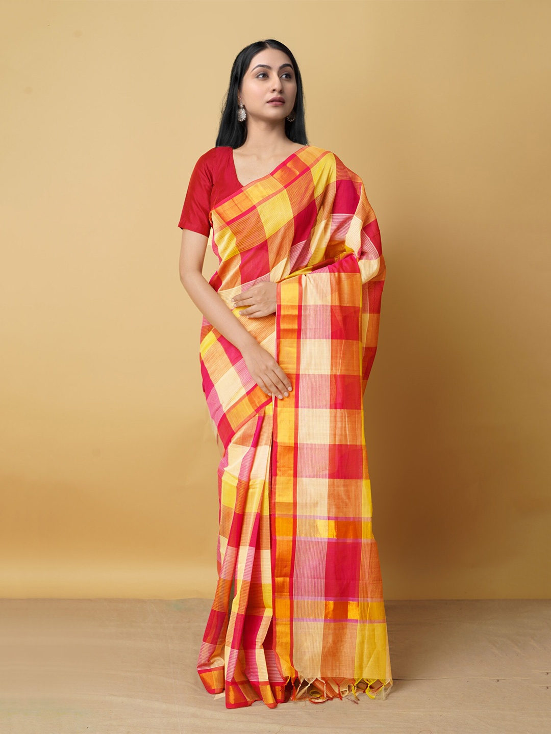 

Unnati Silks Checked Zari Pure Cotton Handloom Mangalagiri Saree, Red