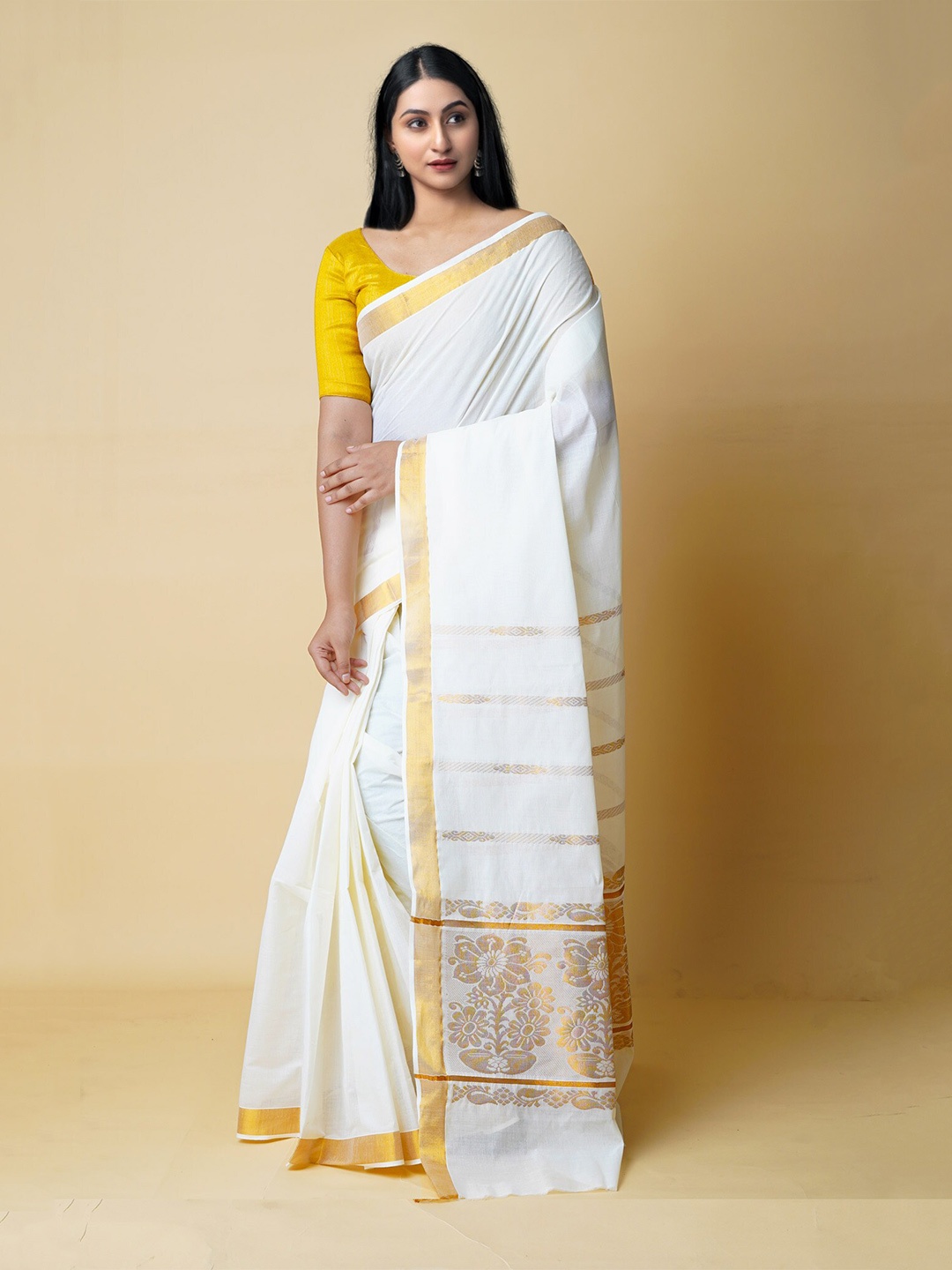

Unnati Silks Zari Pure Cotton Kasavu Saree, Cream