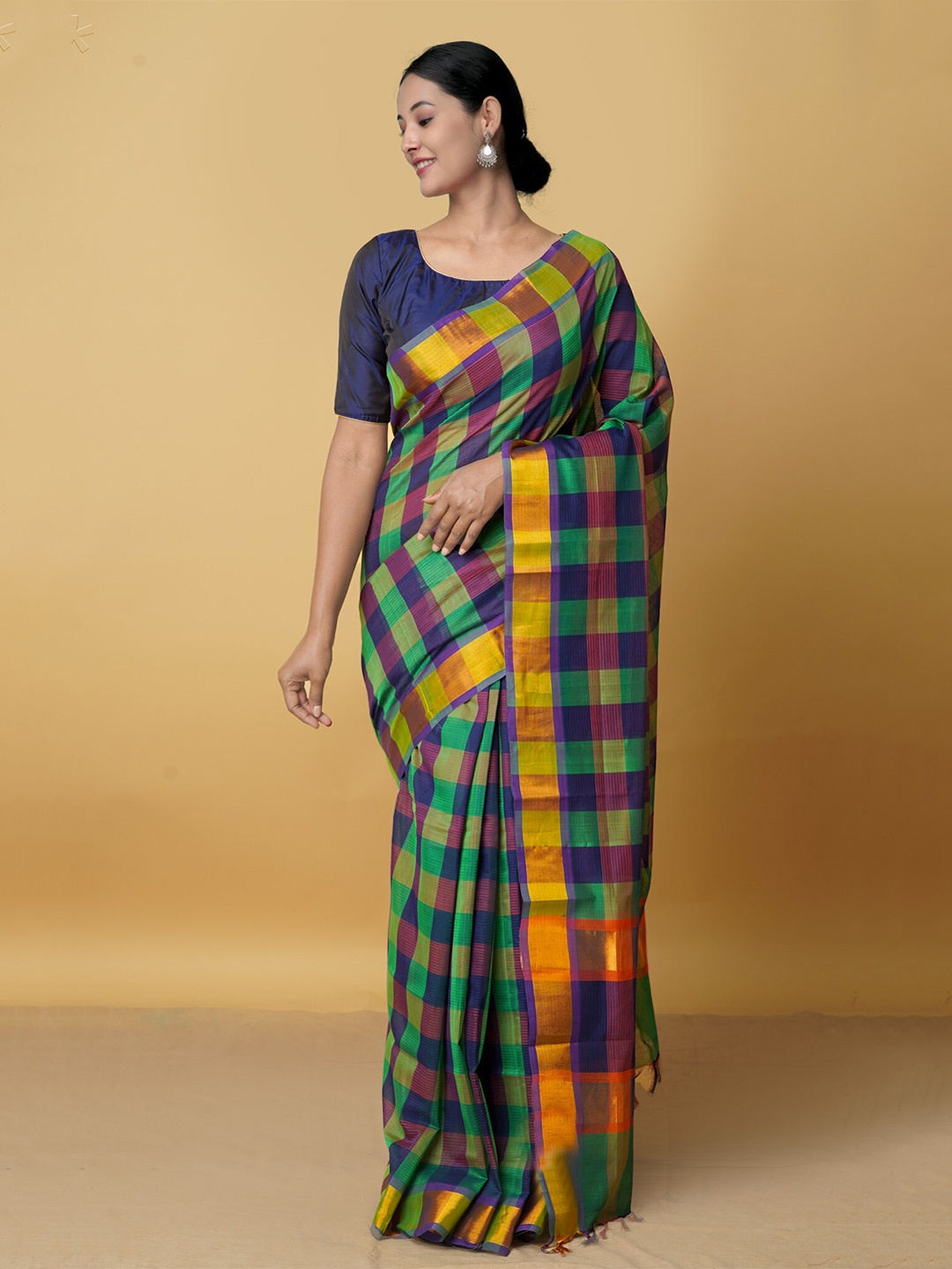 

Unnati Silks Checked Zari Pure Cotton Handloom Mangalagiri Saree, Green