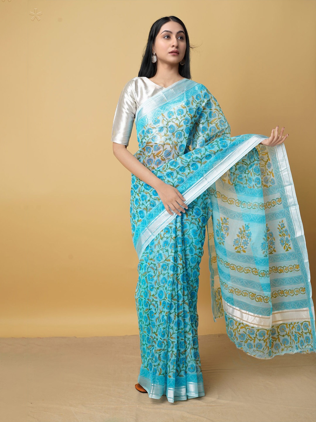 

Unnati Silks Floral Printed Zari Pure Cotton Kota Saree, Blue