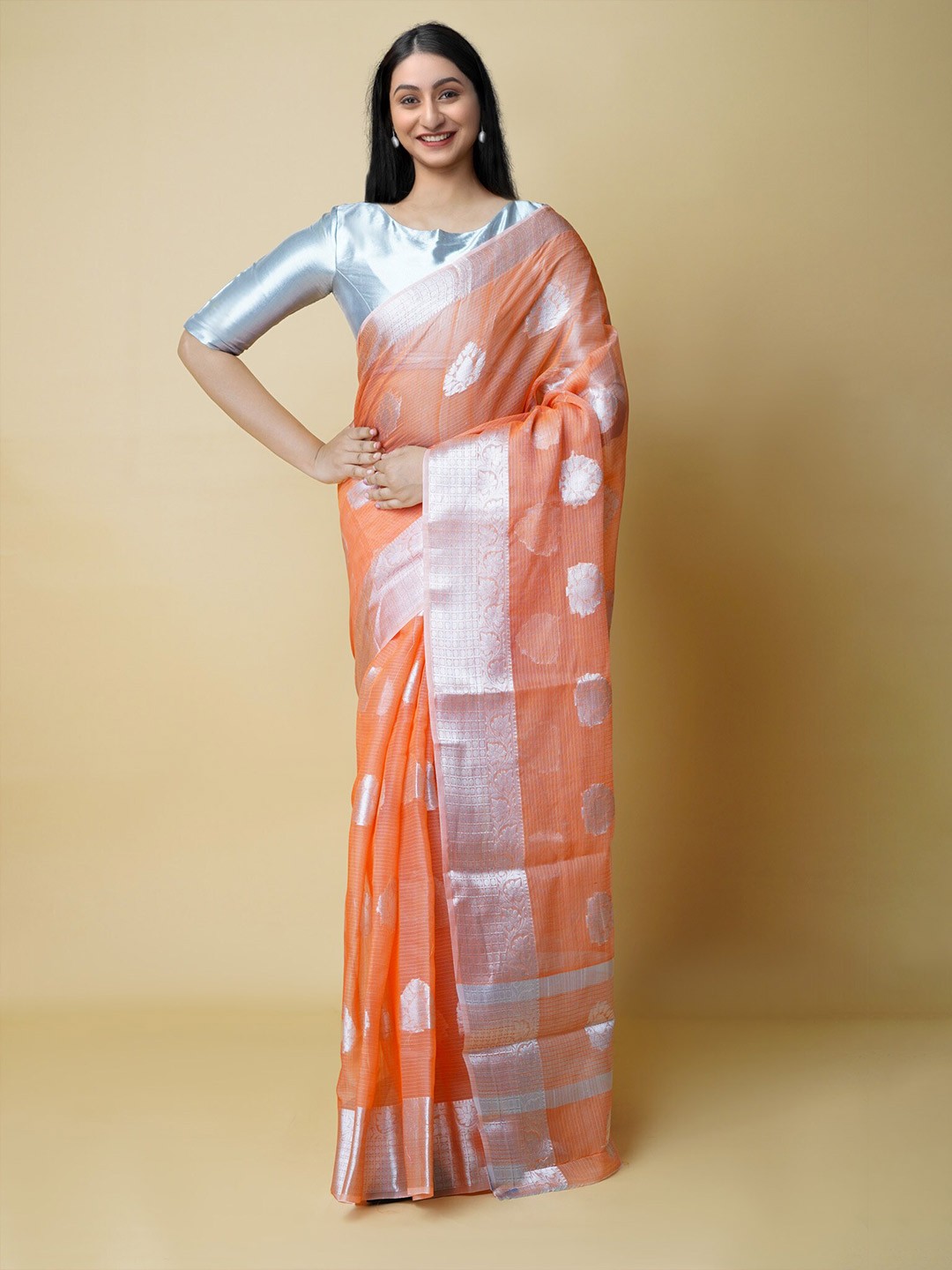 

Unnati Silks Woven Design Zari Handloom Banarasi Kota Cotton Saree, Orange