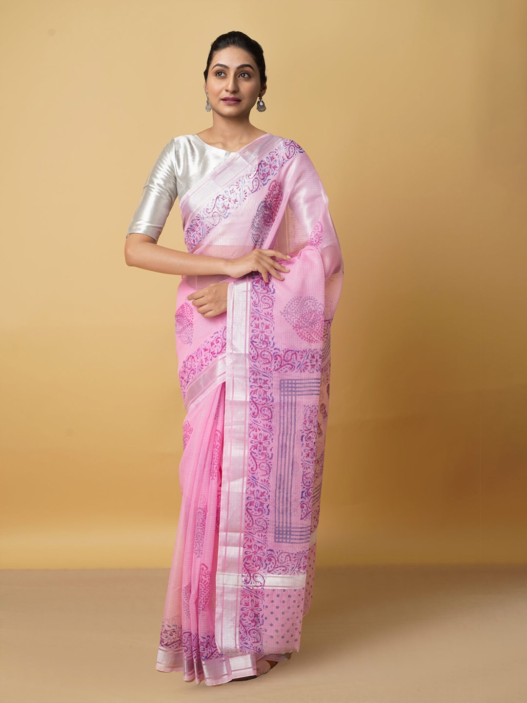 

Unnati Silks Ethnic Motifs Printed Zari Pure Cotton Kota Saree, Pink