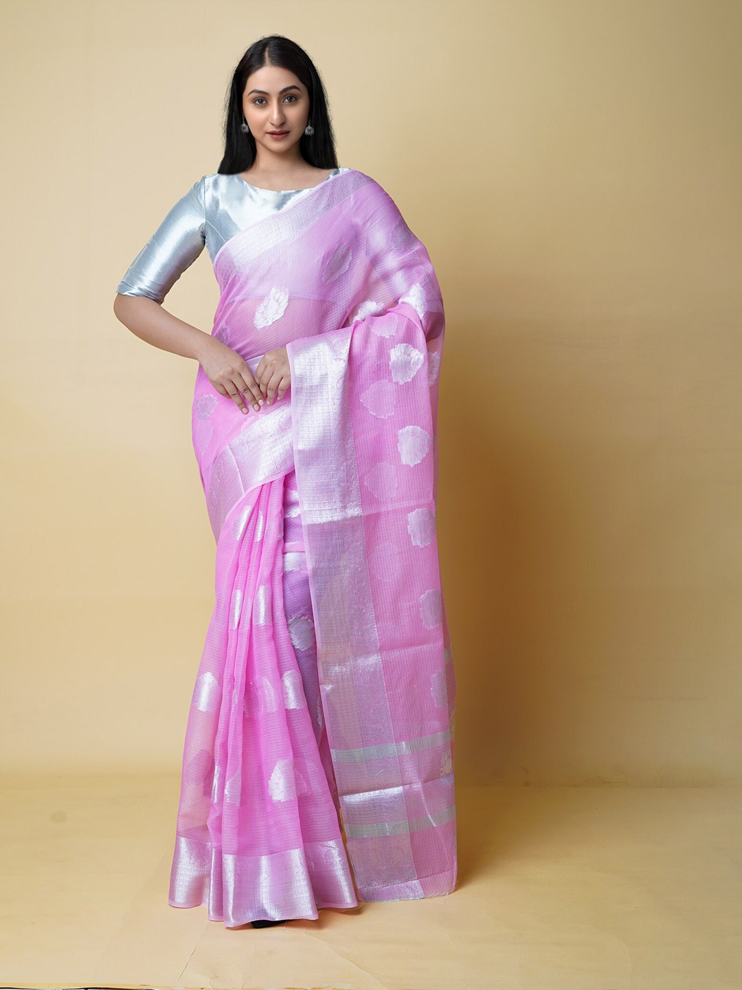 

Unnati Silks Woven Design Zari Handloom Cotton Banarasi Kota Saree, Pink