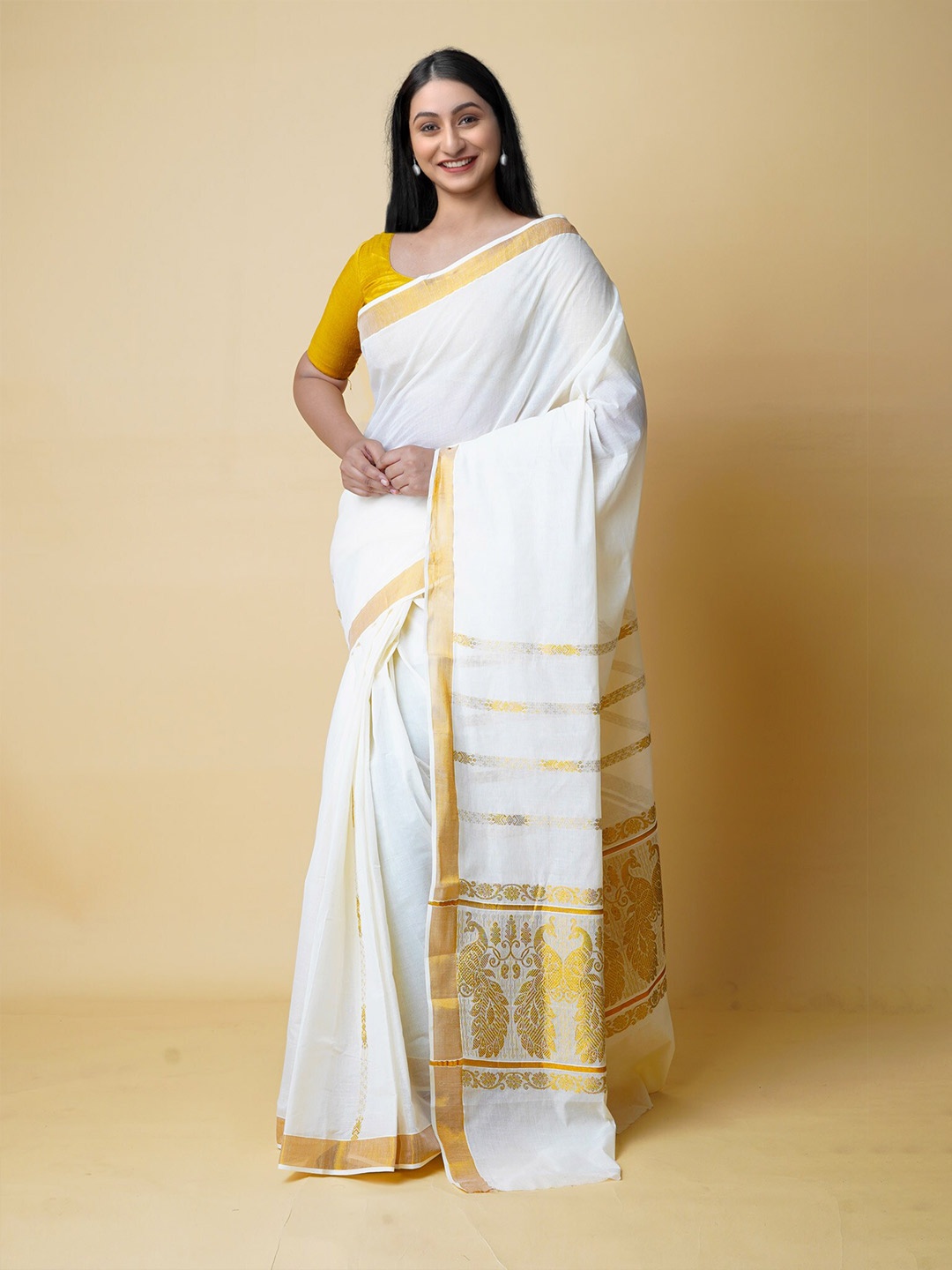 

Unnati Silks Zari Pure Cotton Handloom Kasavu Saree, Cream