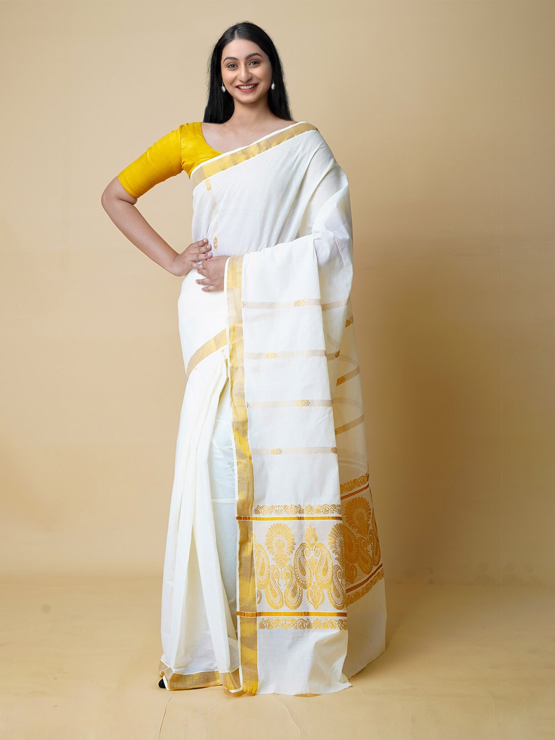 

Unnati Silks Zari Pure Cotton Handloom Kasavu Saree, White