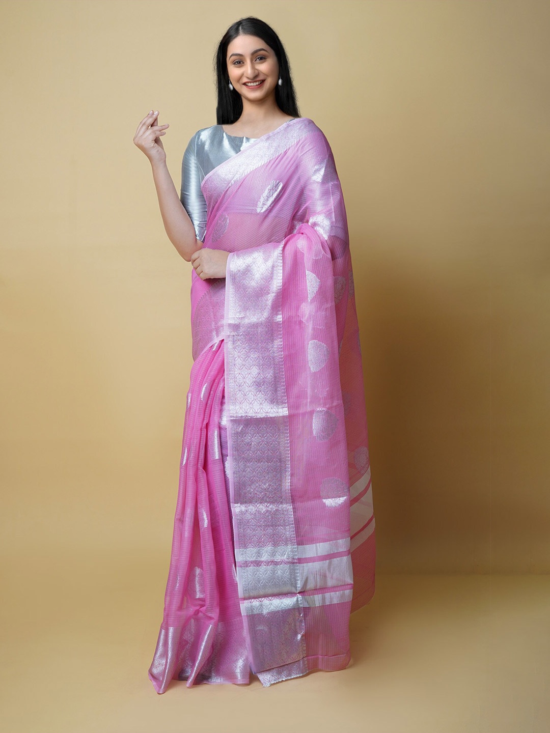 

Unnati Silks Ethnic Motifs Woven Design Zari Handloom Banarasi Saree, Pink