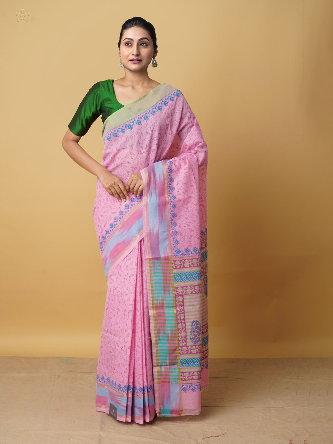

Unnati Silks Ethnic Motifs Zari Pure Cotton Mangalagiri Saree, Pink