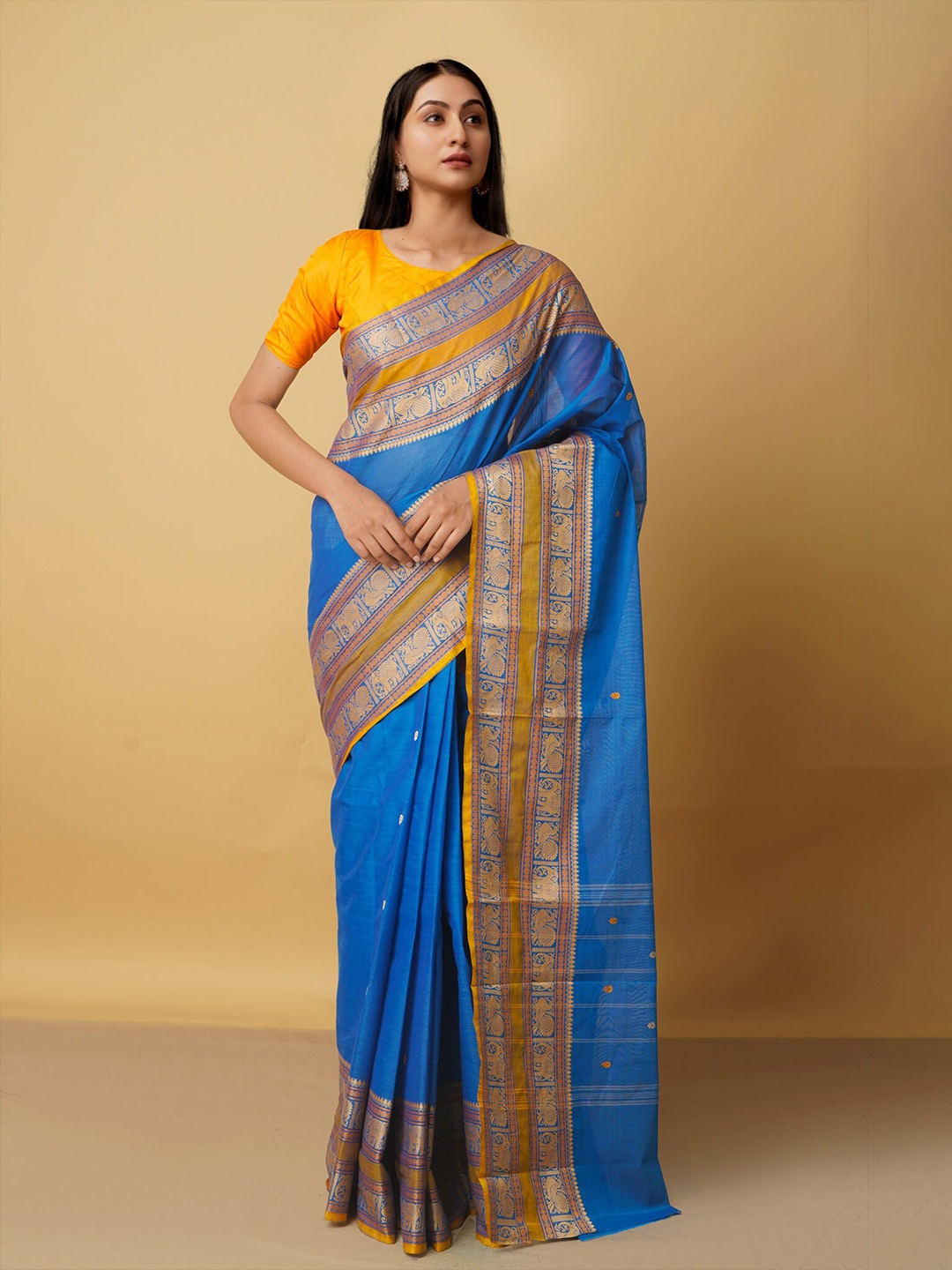 

Unnati Silks Woven Design Zari Pure Cotton Handloom Kanjeevaram Saree, Blue