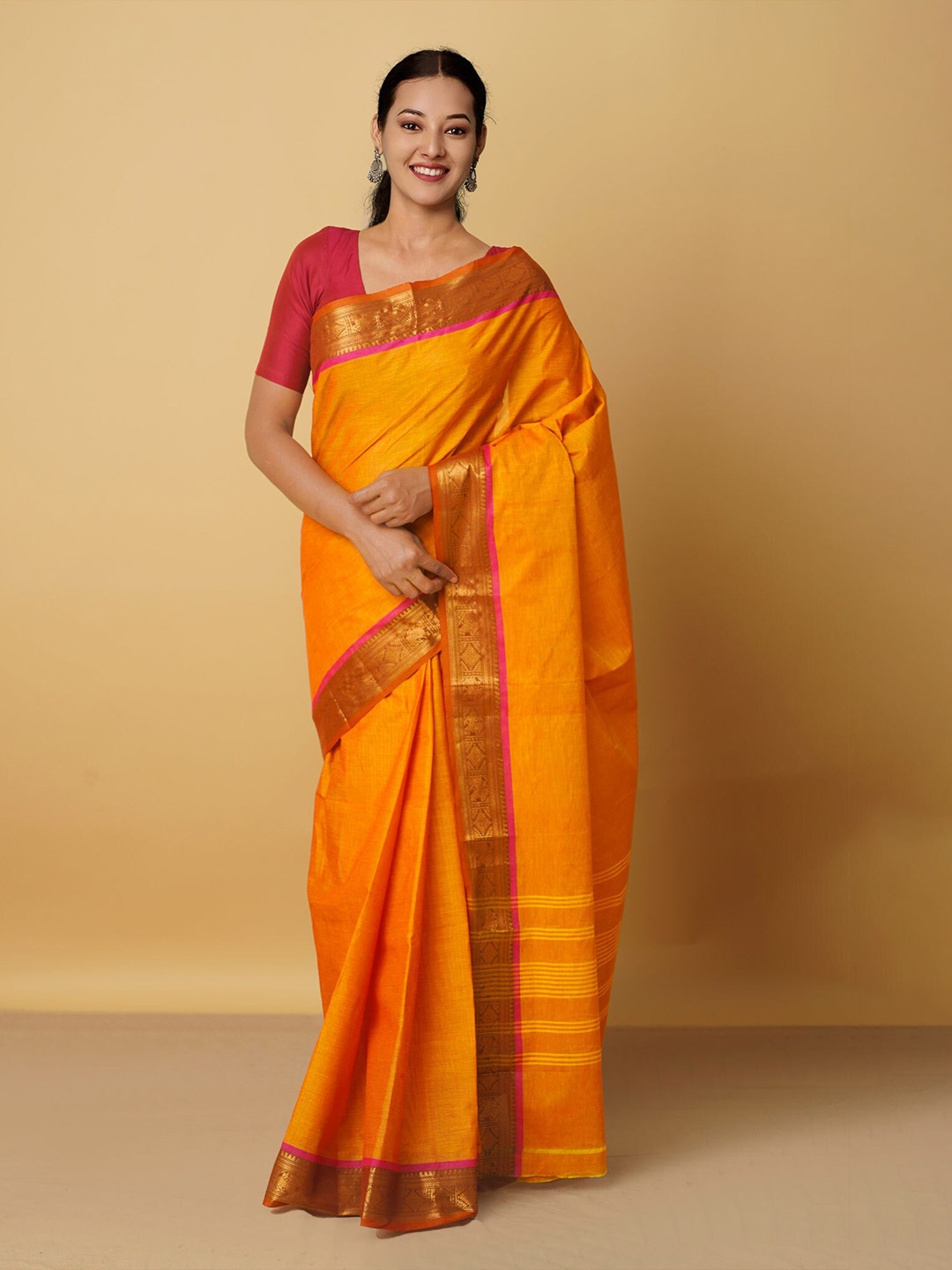 

Unnati Silks Zari Pure Cotton Kanjeevaram Saree, Orange