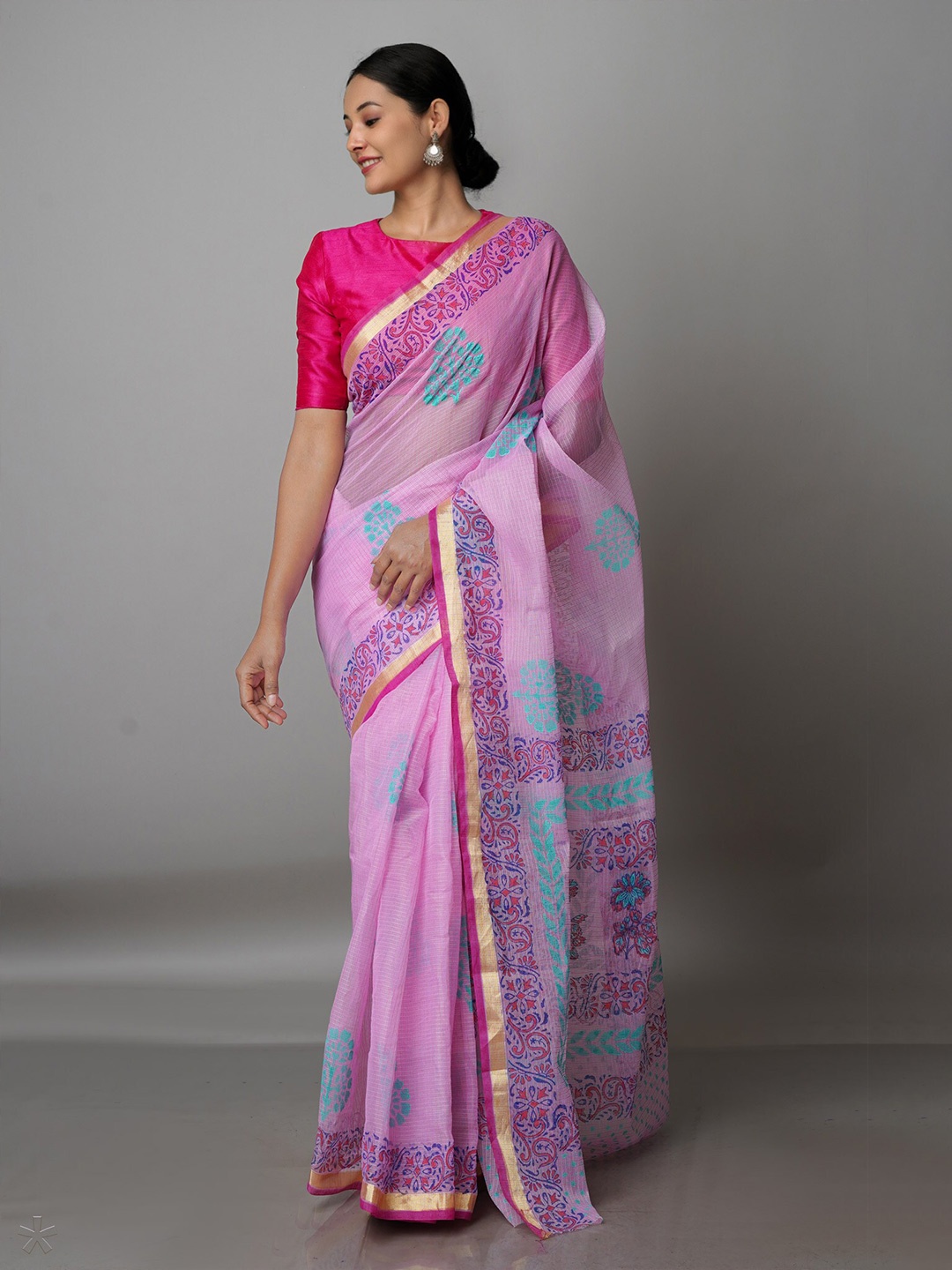 

Unnati Silks Ethnic Motifs Printed Zari Pure Cotton Kota Saree, Pink
