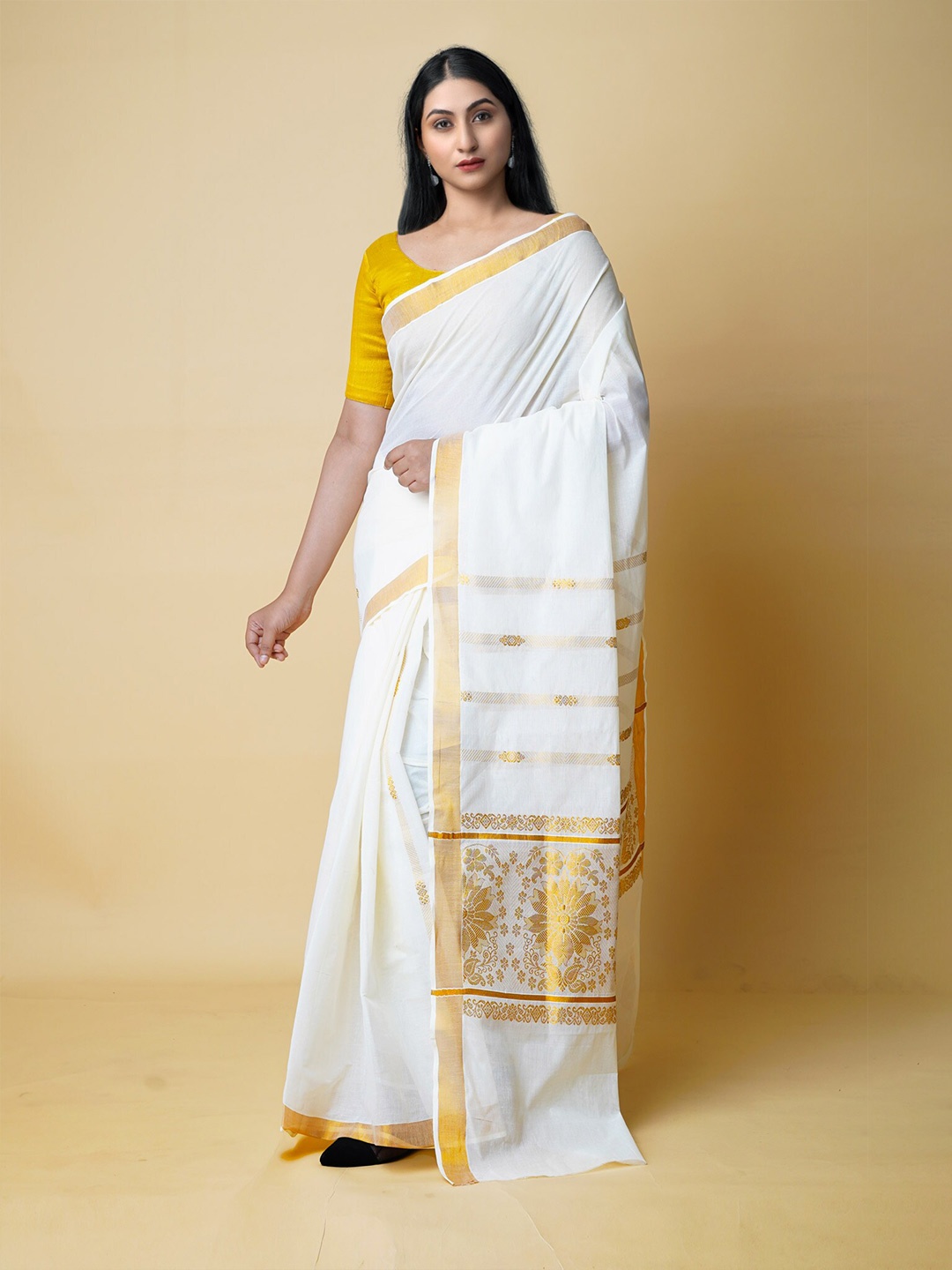 

Unnati Silks Zari Detailed Pure Cotton Kasavu Saree, Cream