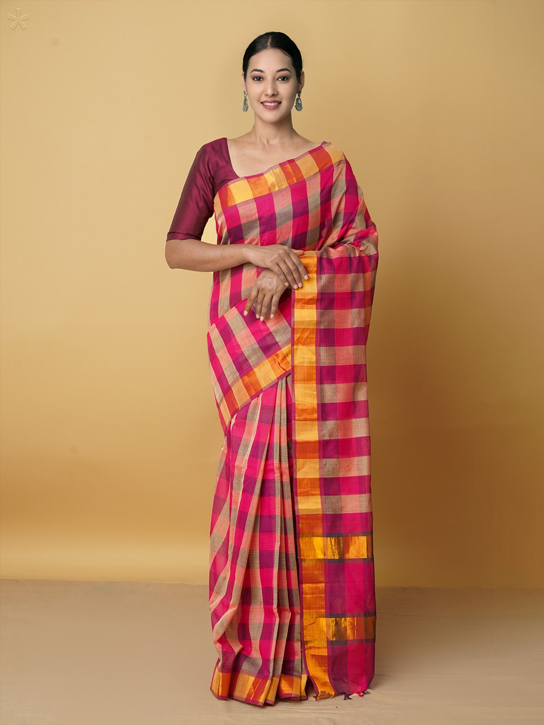 

Unnati Silks Checked Zari Pure Cotton Mangalagiri Saree, Pink