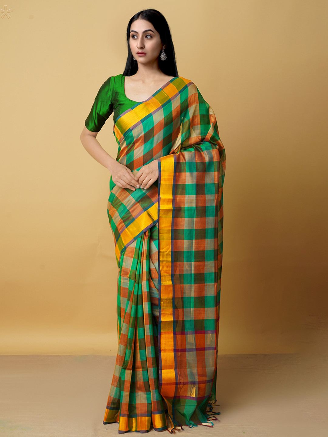 

Unnati Silks Checked Zari Pure Cotton Handloom Mangalagiri Saree, Green