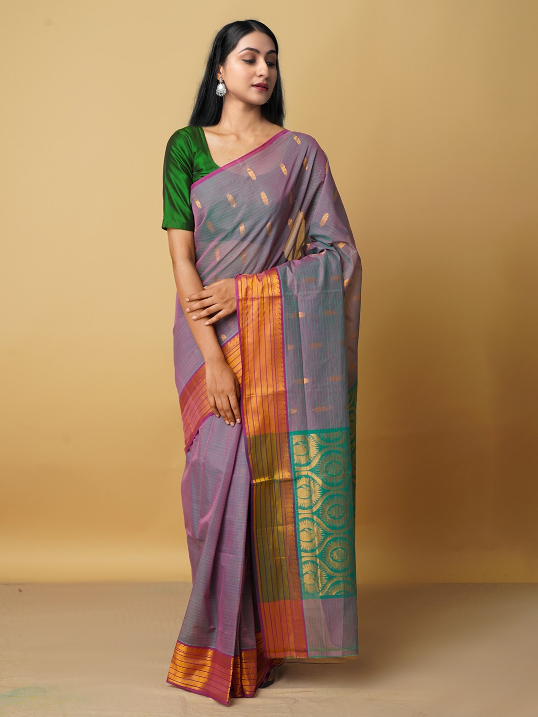 

Unnati Silks Ethnic Motifs Woven Design Zari Pure Cotton Venkatgiri Saree, Green