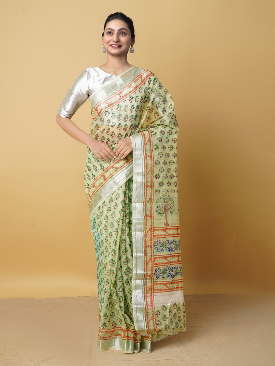

Unnati Silks Floral Printed Zari Pure Cotton Handloom Kota Saree, Green
