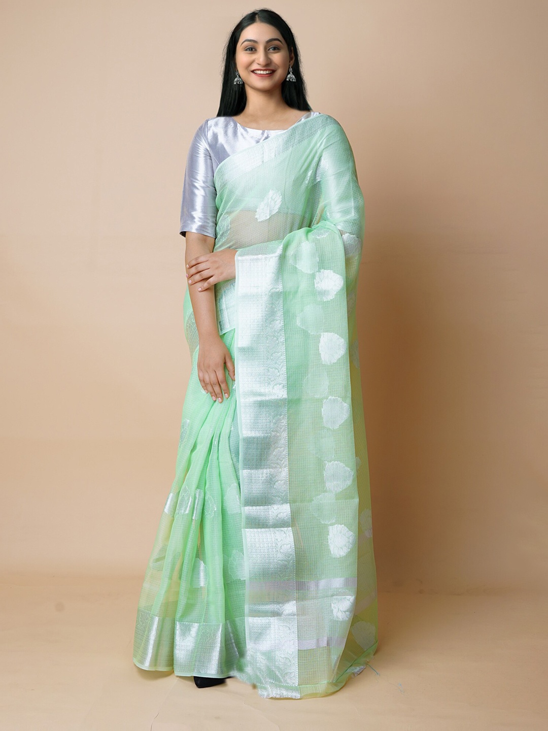 

Unnati Silks Ethnic Motifs Woven Design Zari Handloom Banarasi Saree, Green