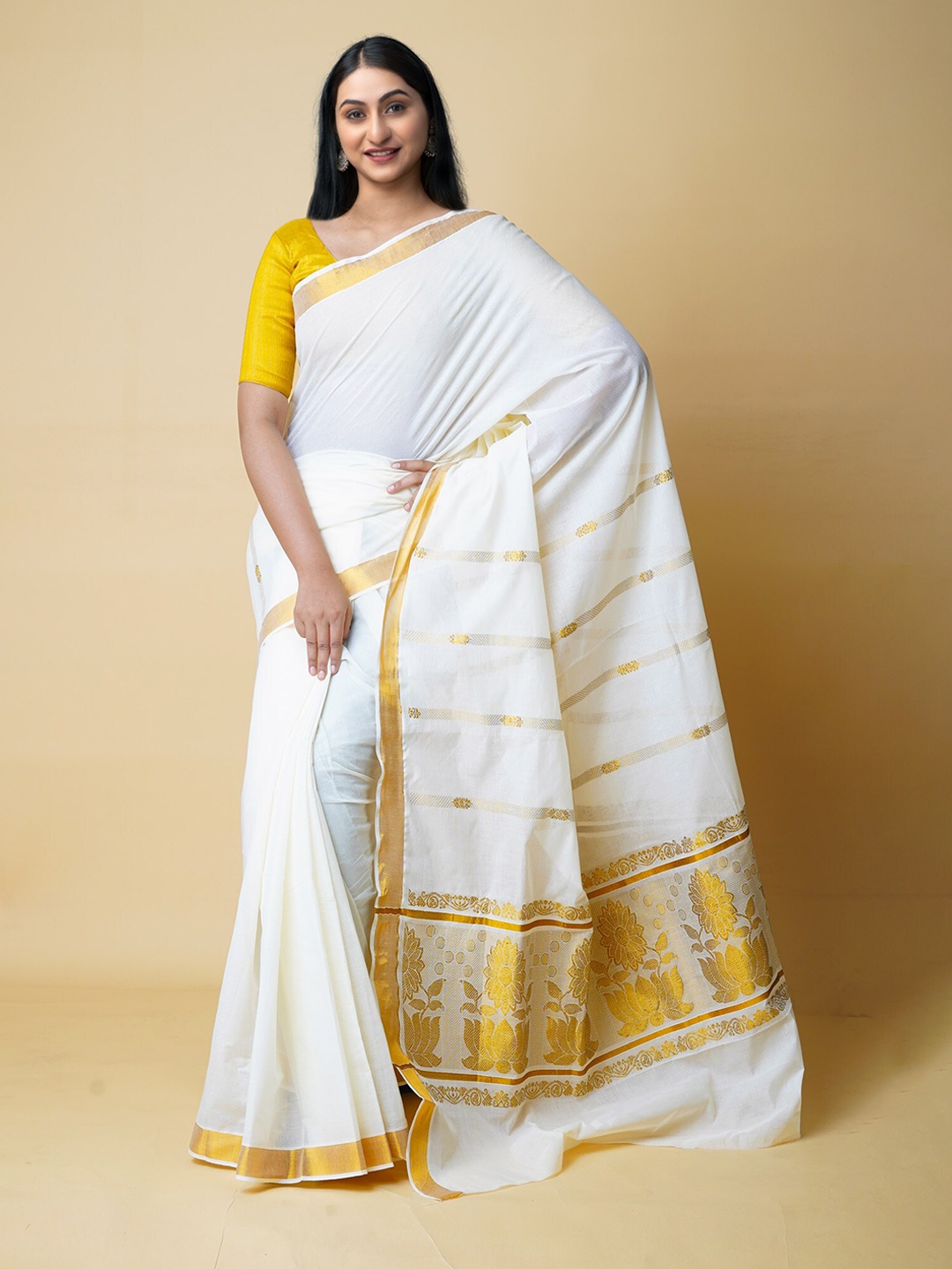 

Unnati Silks Woven Design Zari Pure Cotton Kasavu Saree, Cream