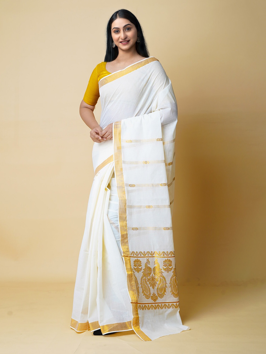 

Unnati Silks Zari Detailed Pure Cotton Kasavu Saree, Cream