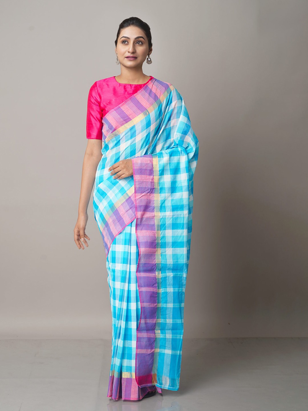 

Unnati Silks Checked Pure Cotton Mangalagiri Saree, Blue