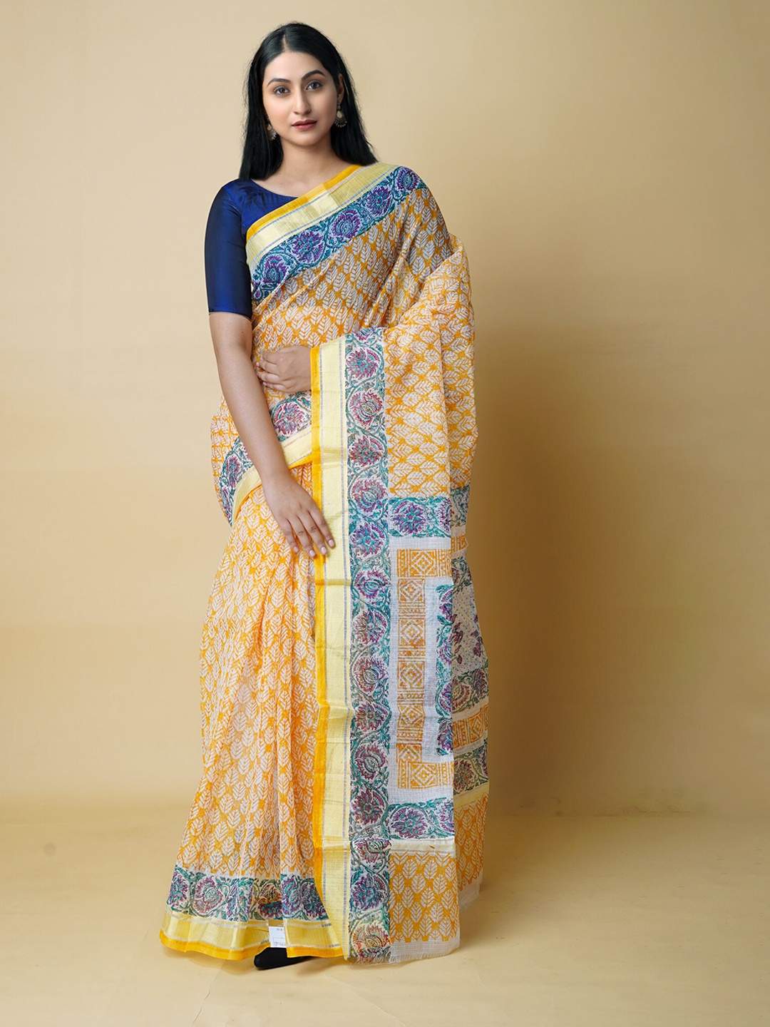 

Unnati Silks Ethnic Motifs Printed Zari Pure Cotton Kota Saree, Yellow