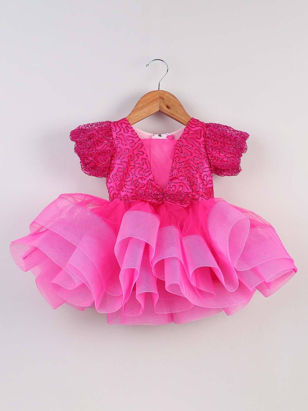 

MANY FROCKS & Girls Embellished Puff Sleeves Gathered Fit & Flare Dress, Pink