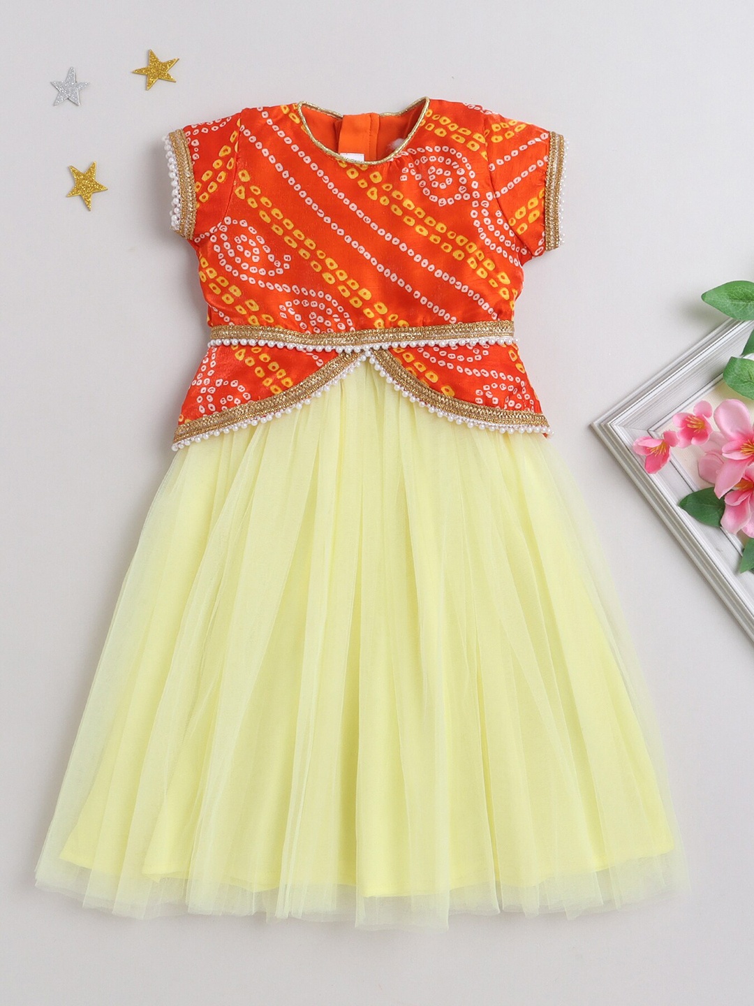 

MANY FROCKS & Girls Ethnic Motifs Printed Round Neck Gathered Fit & Flare Dress, Yellow