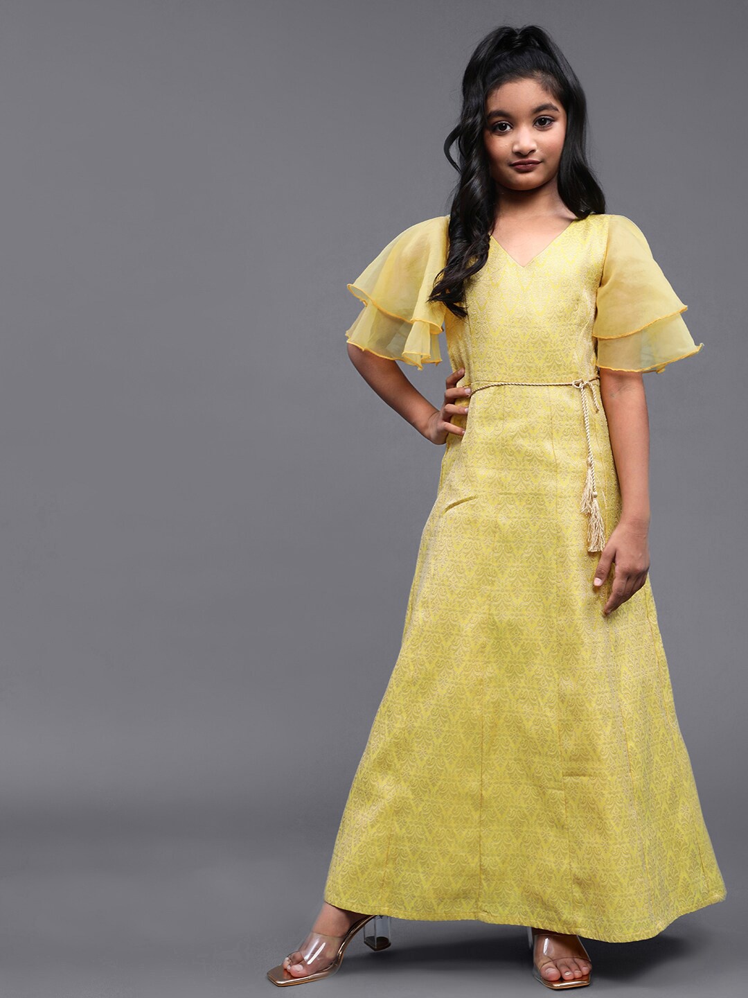 

Aks Kids Girls Ethnic Motifs Self Design Flutter Sleeves Maxi Ethnic Dress, Yellow