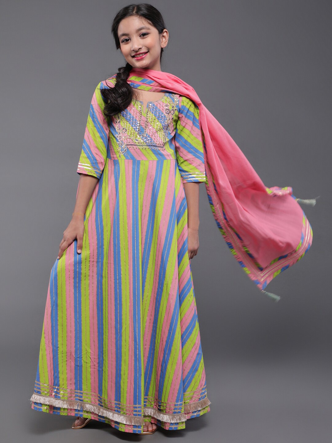 

Aks Kids Girls Striped Printed Sequinned Detailed Cotton Maxi Ethnic Dress with Dupatta, Pink