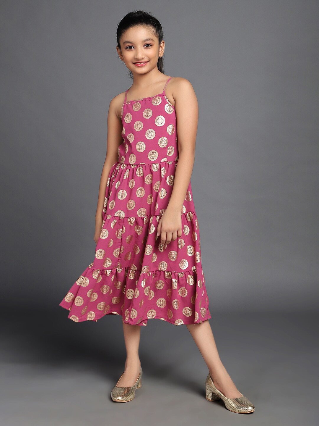 

Aks Kids Girls Ethnic Motifs Printed Tiered Georgette A-Line Midi Dress, Magenta